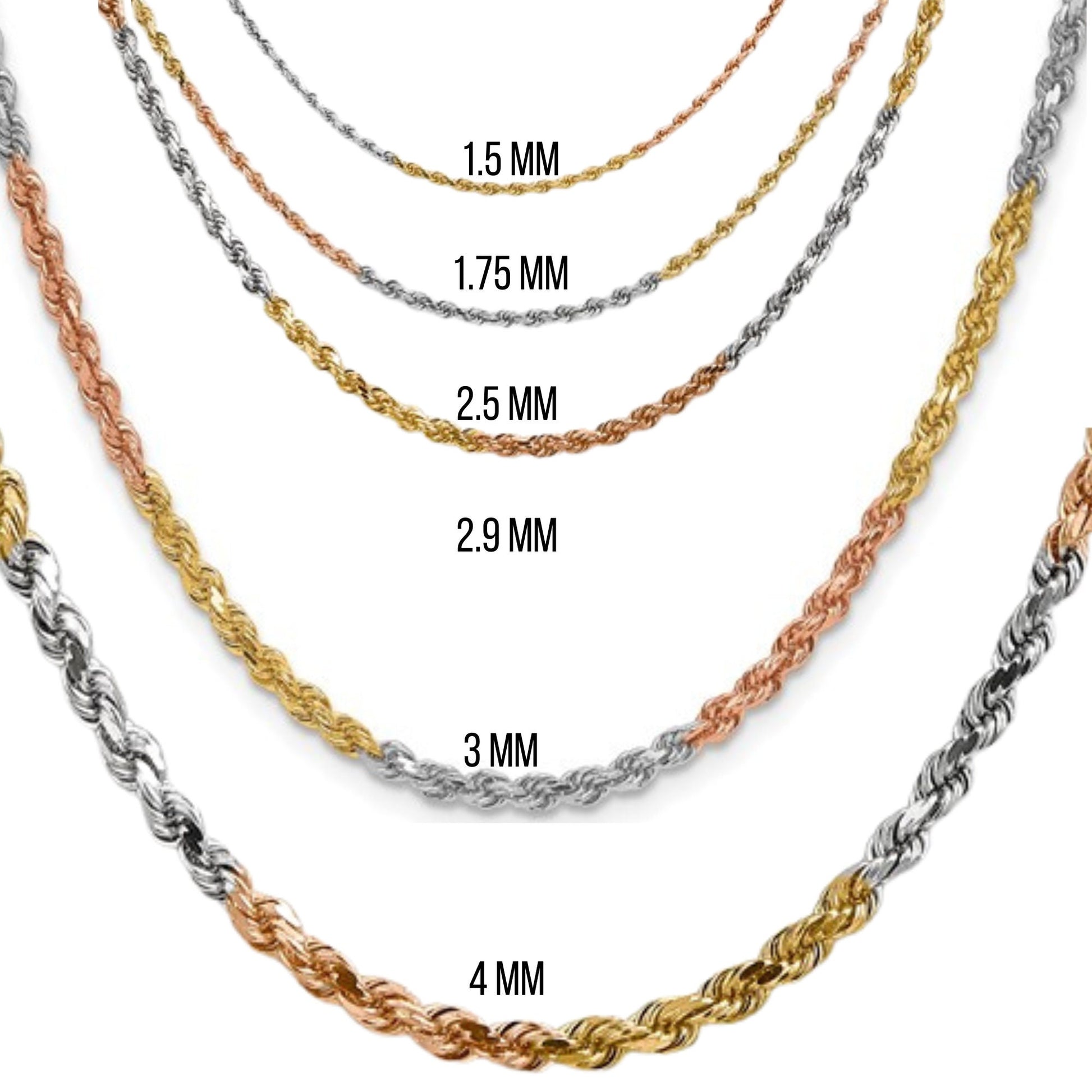 14K Tri-Color Gold Diamond-Cut Rope Chain – Yellow, White & Rose Gold – Solid Chain or Bracelet – 16"-24" Lengths – Lobster Clasp