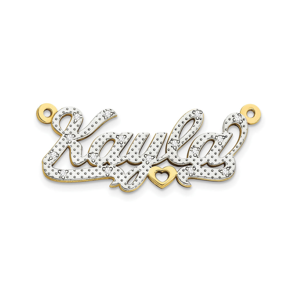 Personalized Solid 10k Two-Tone Gold and Diamond or 14k Two-Tone and Diamond Cursive Nameplate w/ Hearts (up to 9 letters) Made to Order