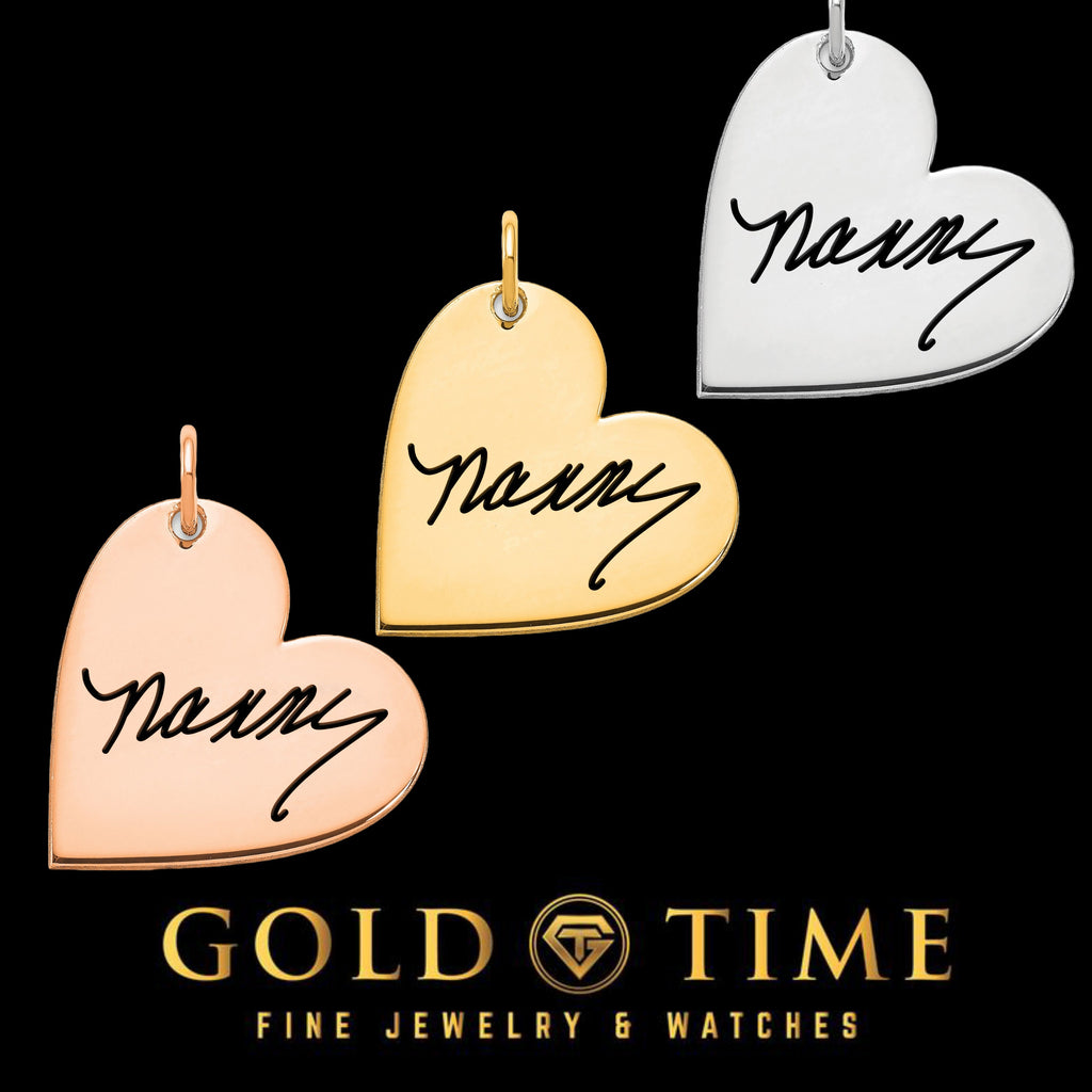 Engraved Signature Heart Nameplate Charm Pendant- Solid 10k Gold, 14k Gold, or .925 Sterling Silver -