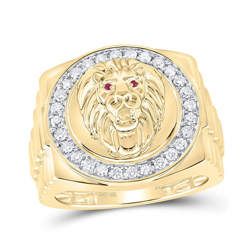 10K Yellow Gold Lion Head Ring – 0.5 cttw Natural Diamond Halo & 0.01 cttw Natural Ruby Eyes – Bold Men’s Statement Ring – Luxury Jewelry