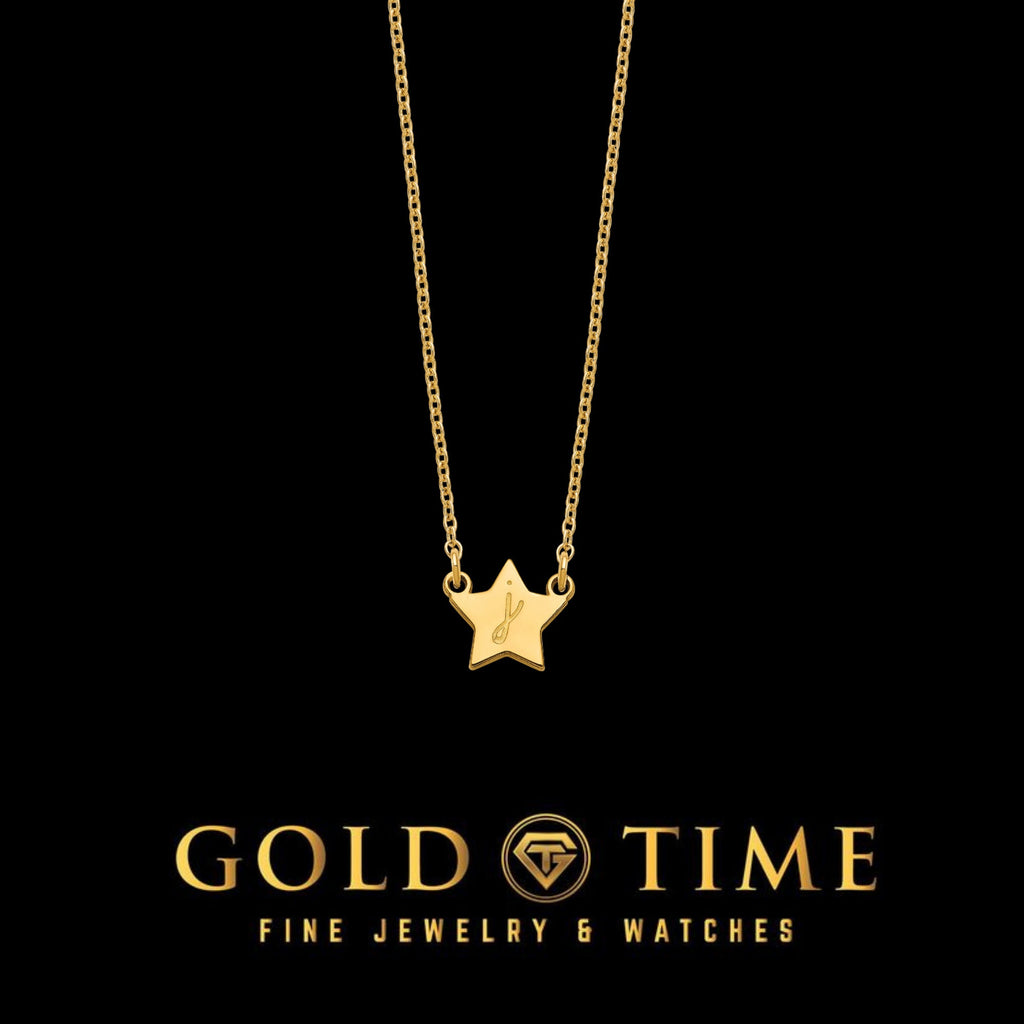 Star Script Initial Pendant Necklace Dainty Minimalist - 18 Inches- Sterling Silver, 10K, 14K Gold - Yellow, White, Rose