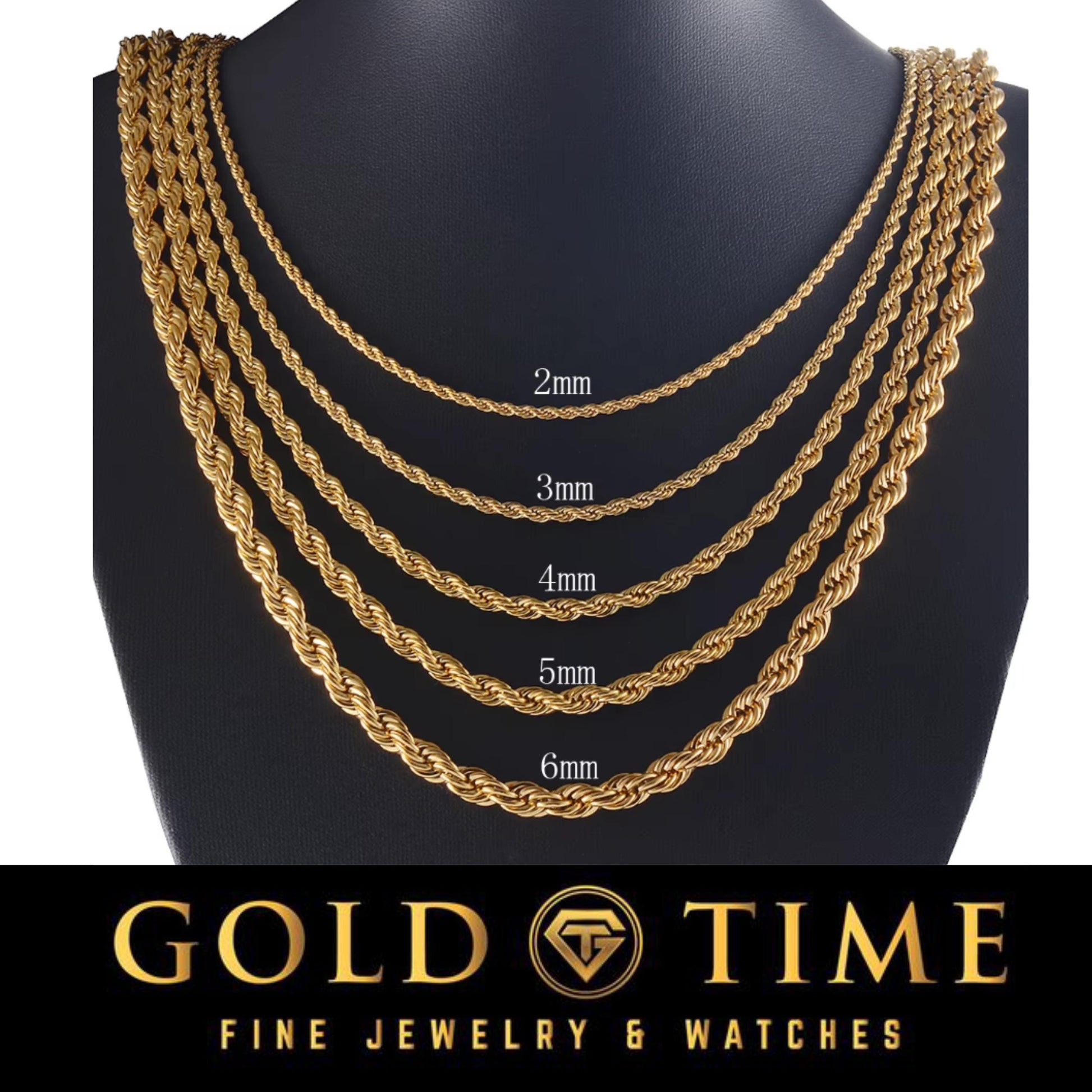 14k Solid Yellow Gold Diamond-Cut Rope Chains - 14 inches to 36 inches - 1.5 mm to 6 mm