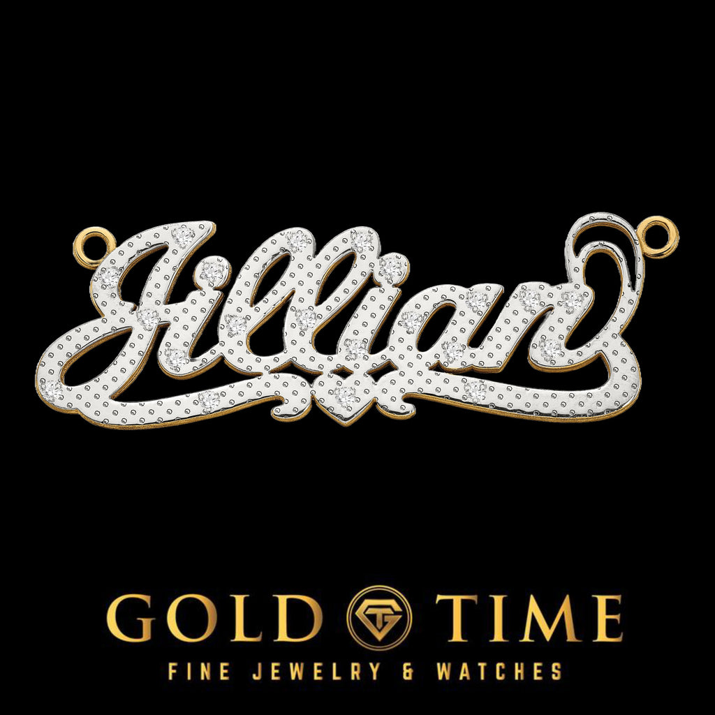 Solid 10k or 14k Gold 3D Nameplate - Two-Tone with Natural Diamonds Diamond - Cursive - Heart - Made to Order - Chain Options