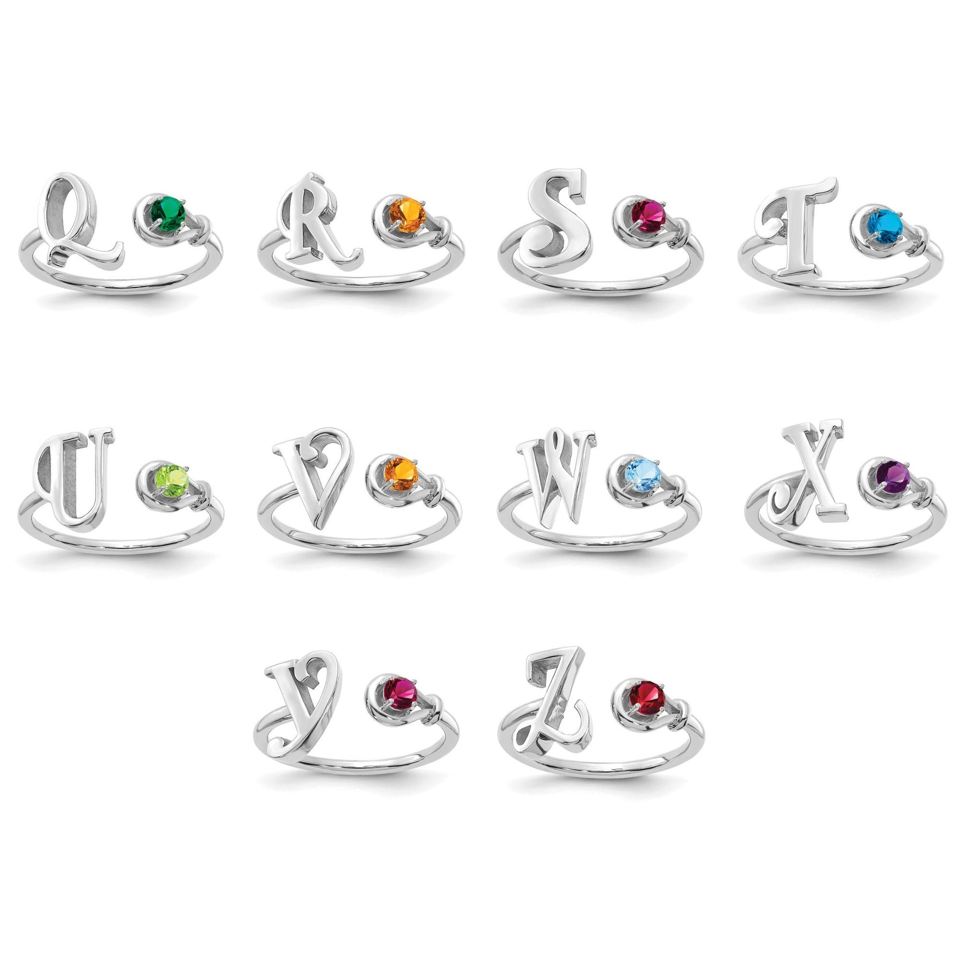 Sterling Silver Initial Letter Ring with Crystal Birthstone - Minimalist Elegant Handmade