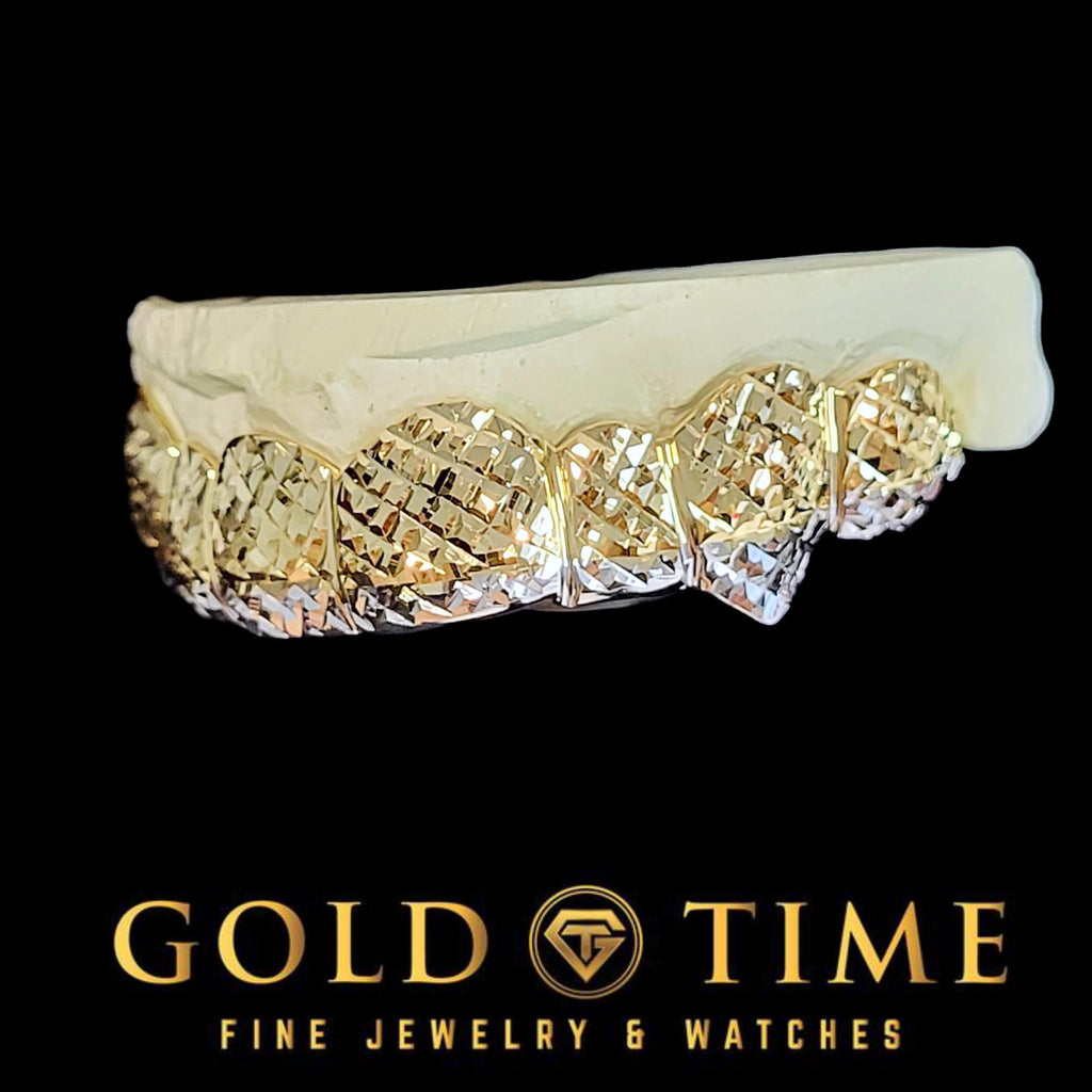 Custom Luxury Grillz - 8 Piece Trillion-Cut with Canine Fangs and White Tips - Includes Free Impression Kit - Silver, 10k, 14k Gold