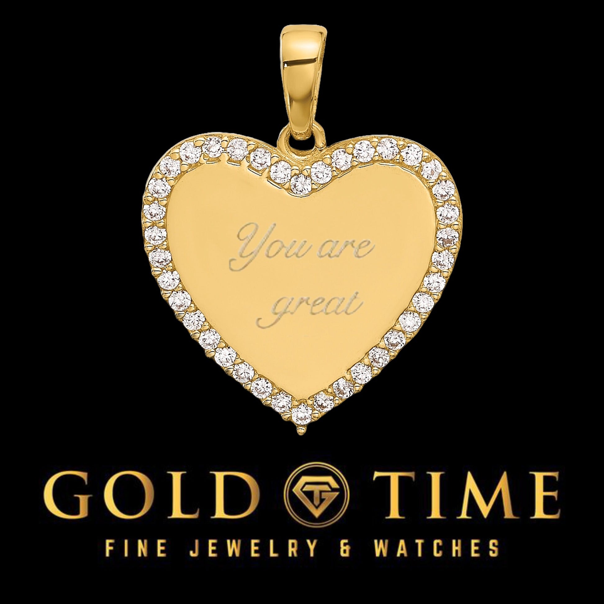 14K Yellow Gold and Cubic Zirconia Engravable Heart Pendant, 18.5mm Length, 14.5mm Width – Polished Finish – Gift Box Included