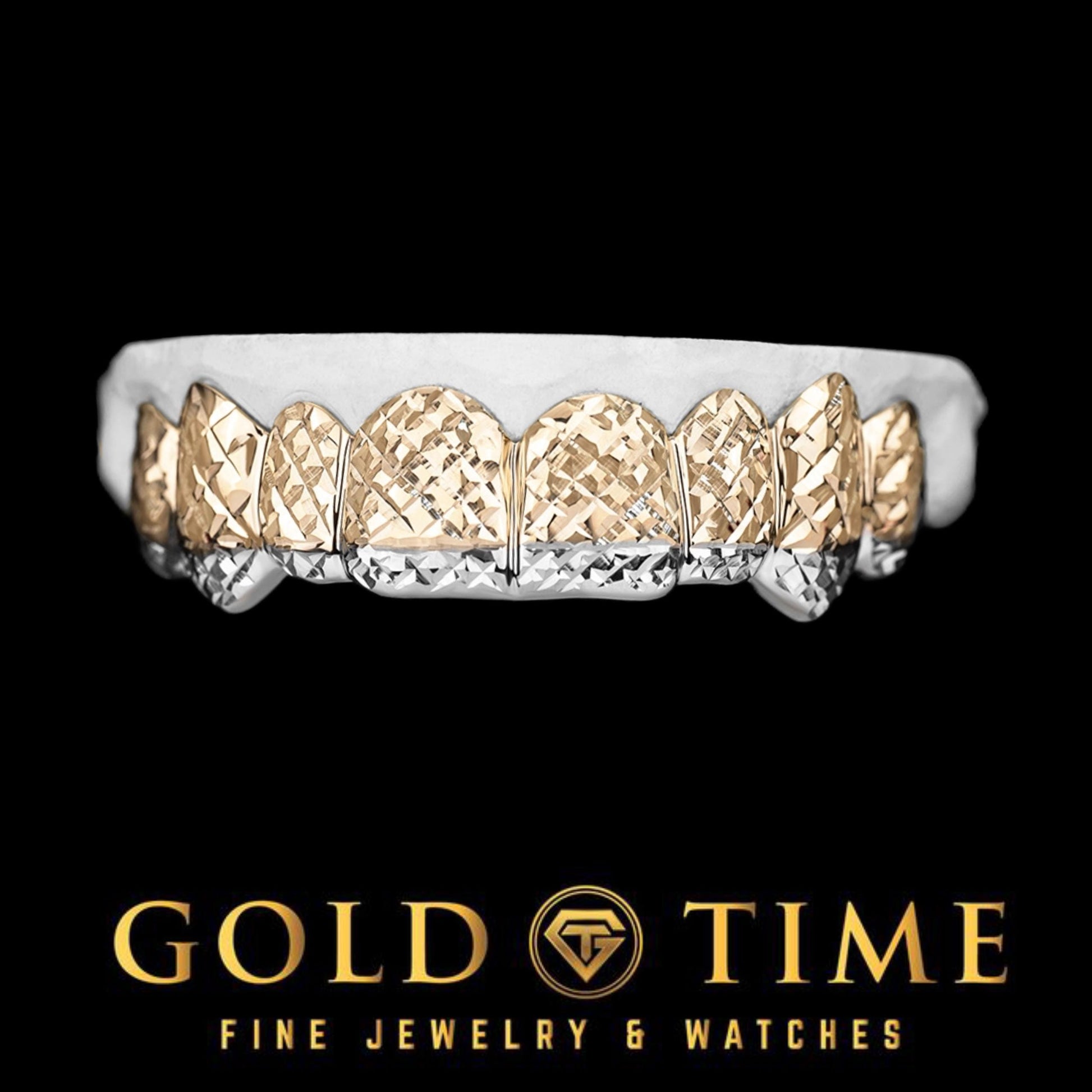 Custom Luxury Grillz - 8 Piece Trillion-Cut with Canine Fangs and White Tips - Includes Free Impression Kit - Silver, 10k, 14k Gold