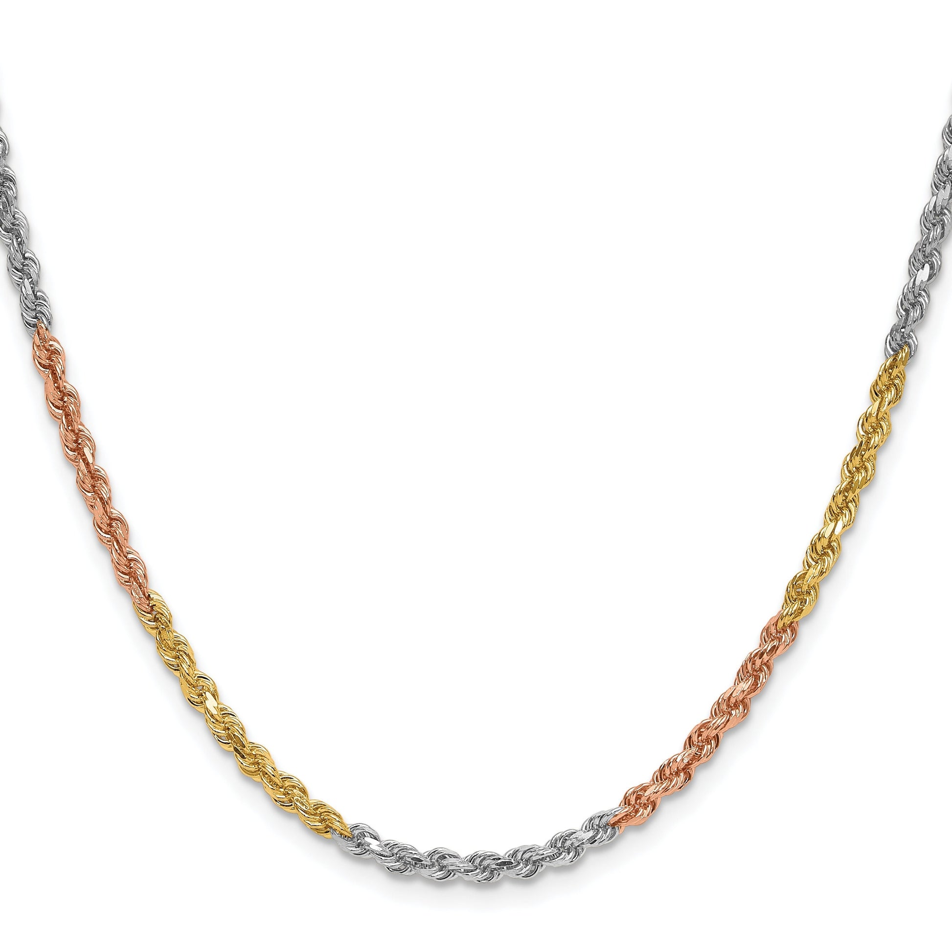 14K Tri-Color Gold Diamond-Cut Rope Chain – Yellow, White & Rose Gold – Solid Chain or Bracelet – 16"-24" Lengths – Lobster Clasp