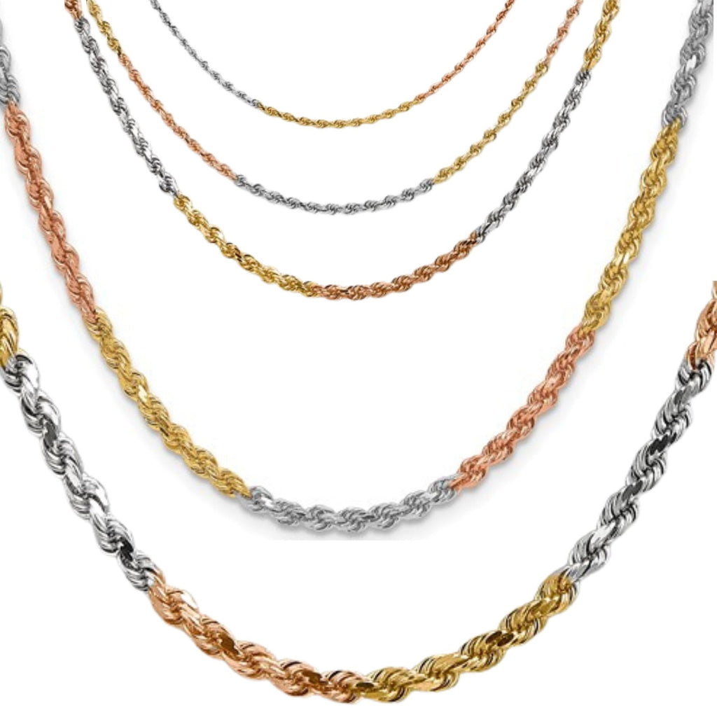 14K Tri-Color Gold Diamond-Cut Rope Chain – Yellow, White & Rose Gold – Solid Chain or Bracelet – 16"-24" Lengths – Lobster Clasp
