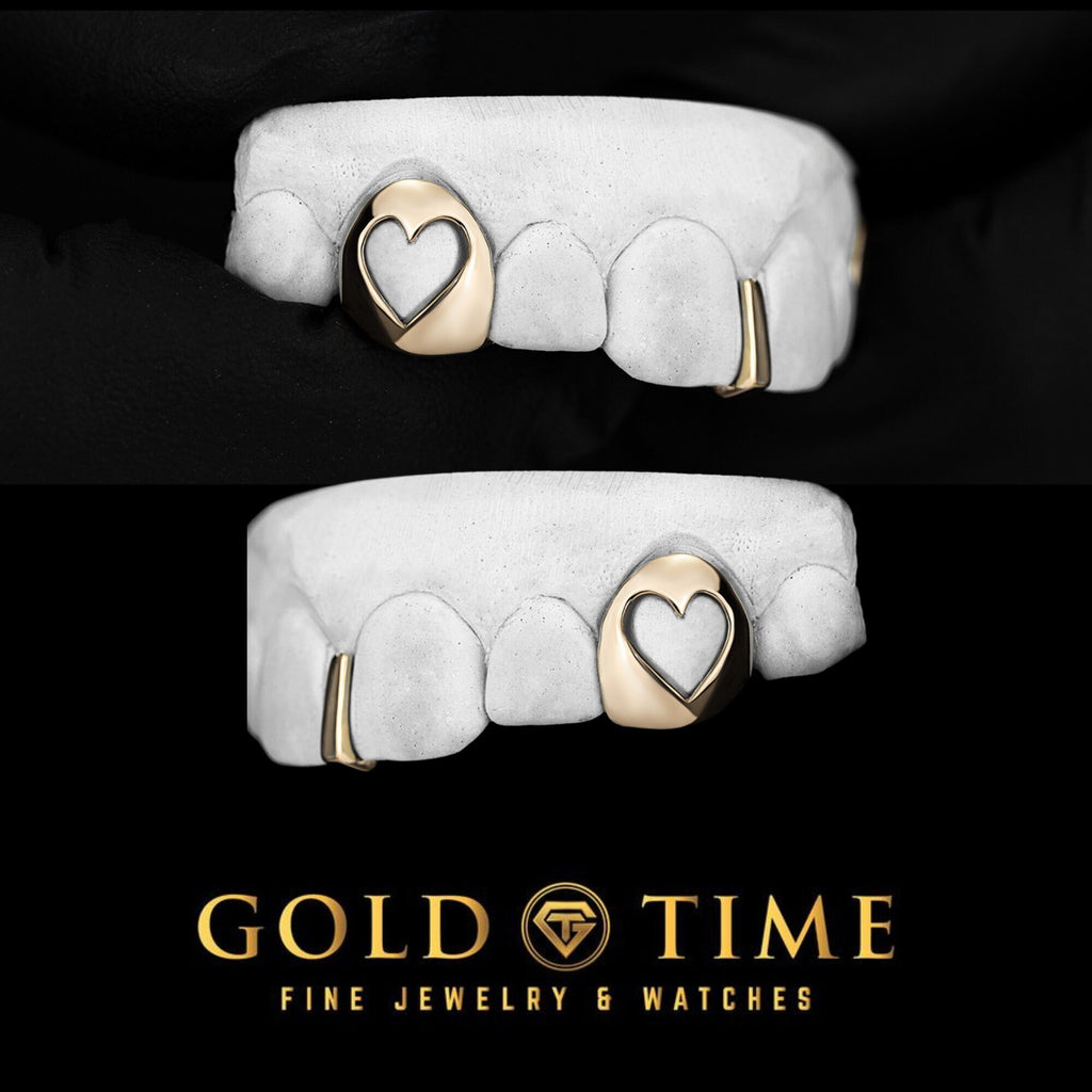 Custom Gold Grillz – Heart Cut Out Canines & Gap Bar - 10K, 14K, or Silver - Handmade Luxury Dental Grills - Yellow, White, or Rose Gold
