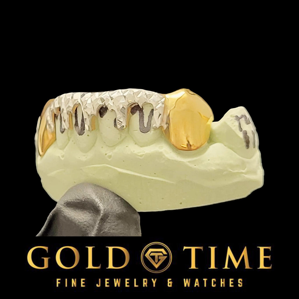 Custom Handmade Grillz - 6 Bottom Solid Canines with Center Trillion Diamond-Cut Drip - Silver, 10k, 14k - Yellow, White, Rose