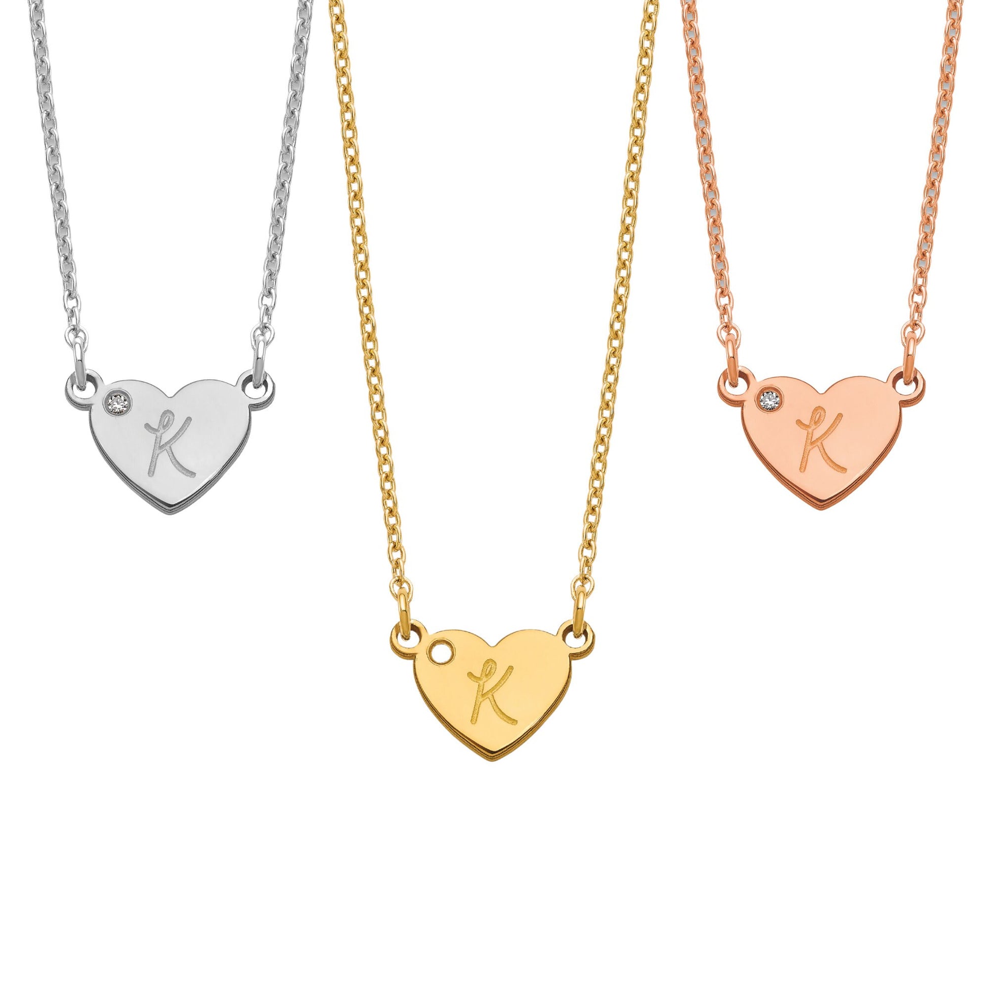 Custom Handmade Dainty Minimalist Initial Heart with Diamond Necklace - 16, 18 or 20 IN - Sterling Silver, 10K, 14K - Yellow, White, Rose