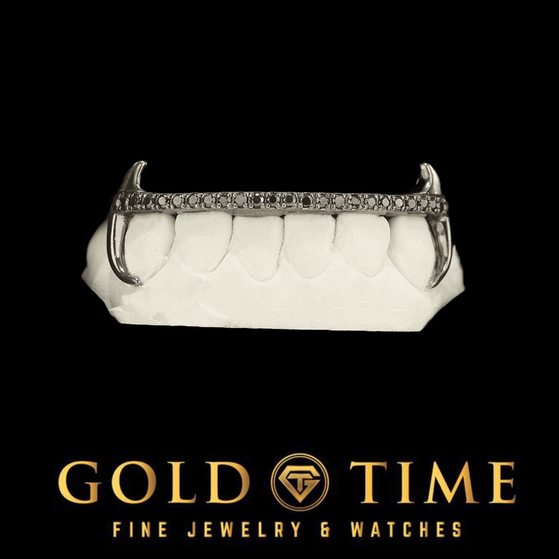 Black Rhodium Grillz – Canine Fang & Hooks with Black CZ Tips - 6-Piece Black Silver Custom Grillz