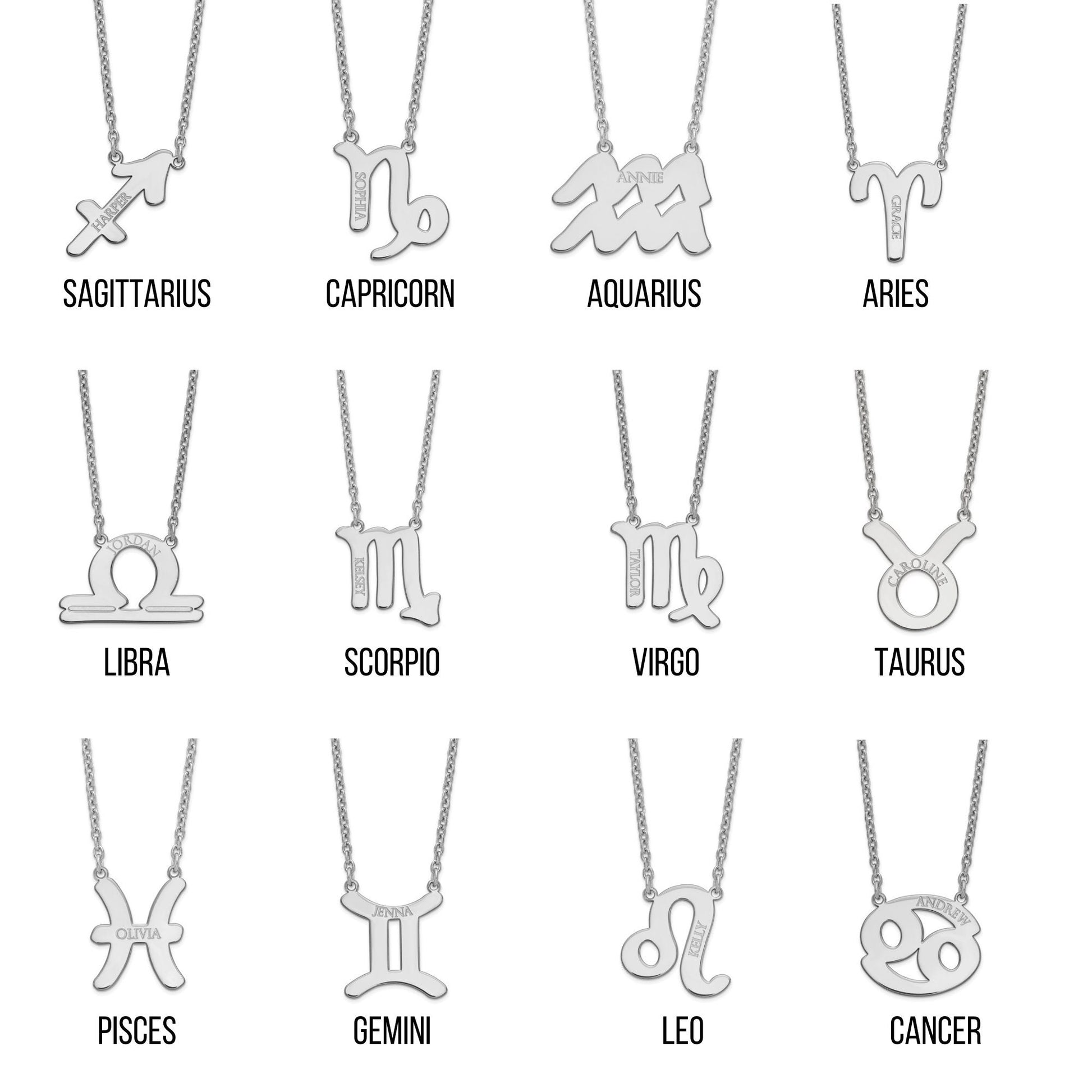 Engraved Zodiac & Name Necklace Custom Handmade Dainty Minimalist - 18 Inches Length - 10k or 14k Yellow or White Gold