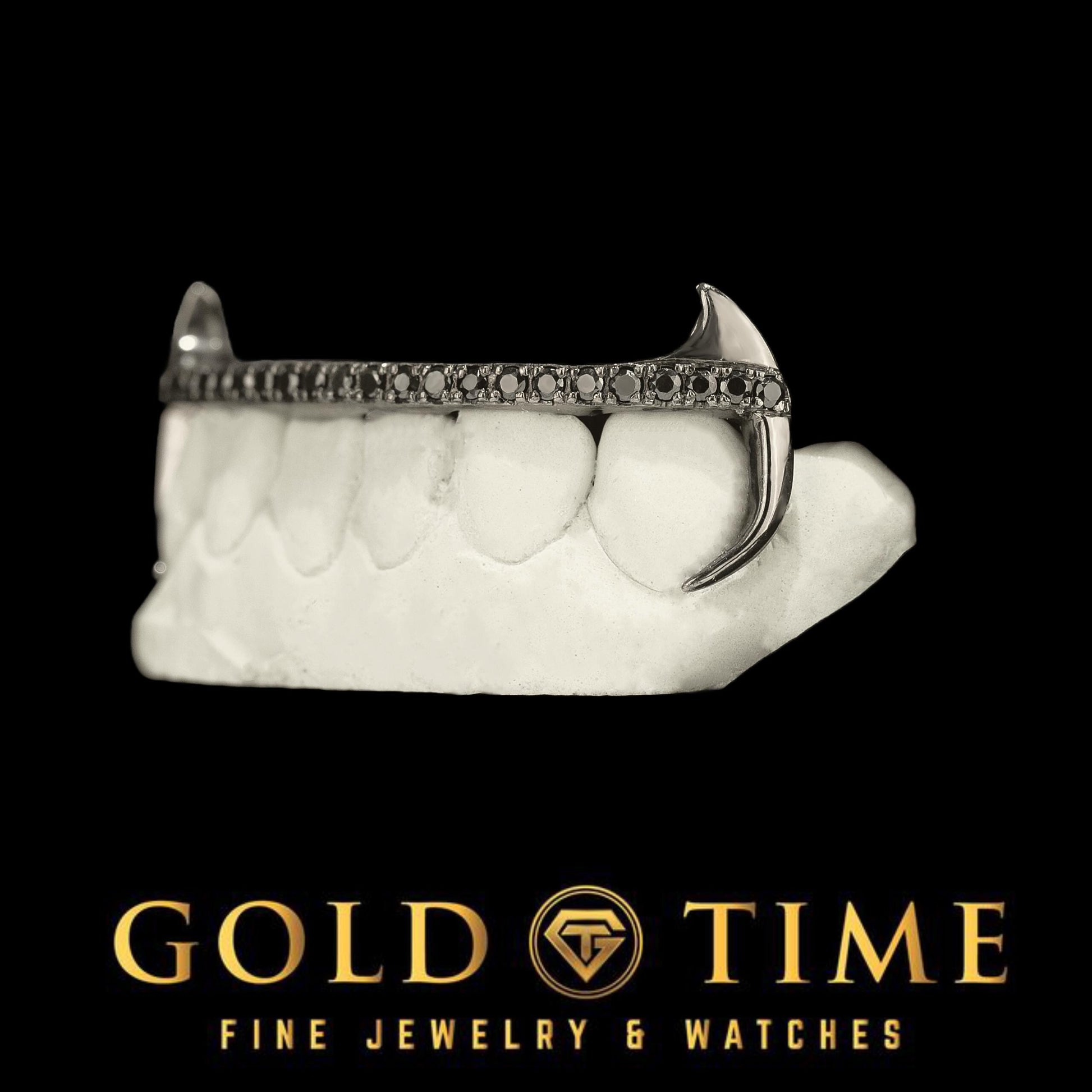 Black Rhodium Grillz – Canine Fang & Hooks with Black CZ Tips - 6-Piece Black Silver Custom Grillz