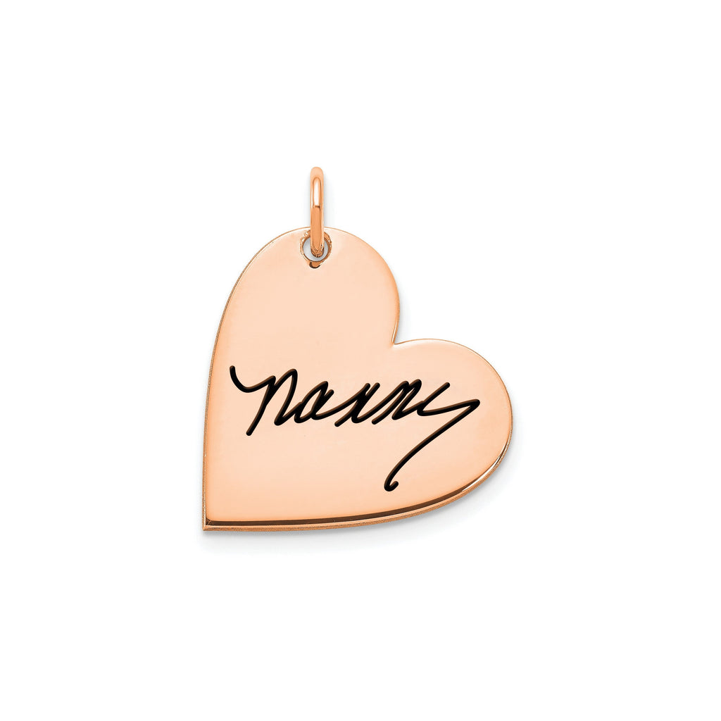 Engraved Signature Heart Nameplate Charm Pendant- Solid 10k Gold, 14k Gold, or .925 Sterling Silver -