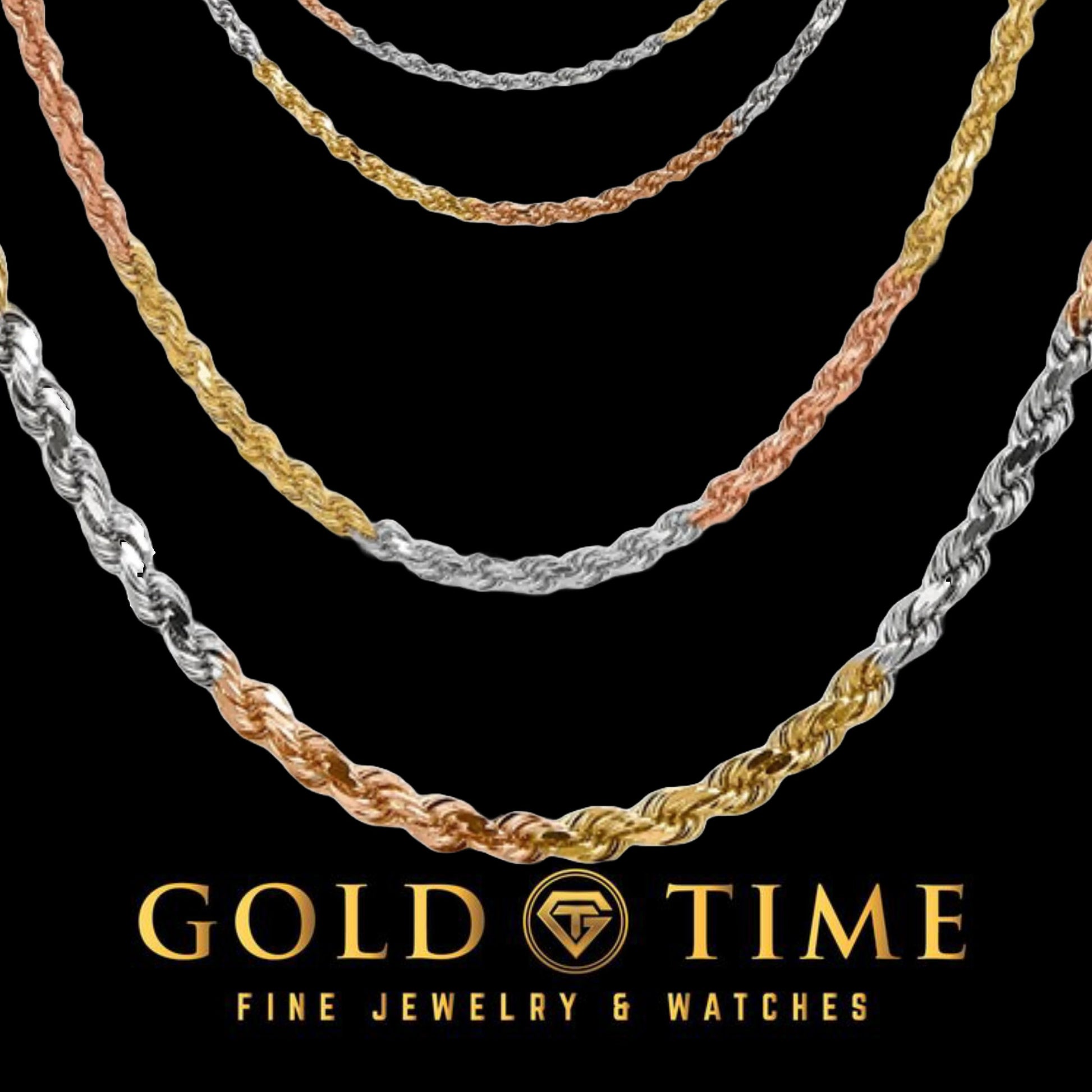 14K Tri-Color Gold Diamond-Cut Rope Chain – Yellow, White & Rose Gold – Solid Chain or Bracelet – 16"-24" Lengths – Lobster Clasp