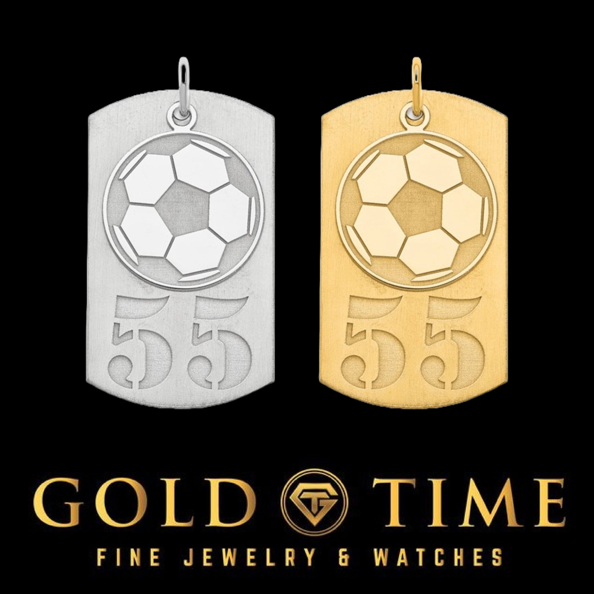 Soccer Dog Tag Charms with Number & Dangling Soccer Ball - Futbol Personalized Sterling Silver/Sterling Silver Gold-Plated 2-piece