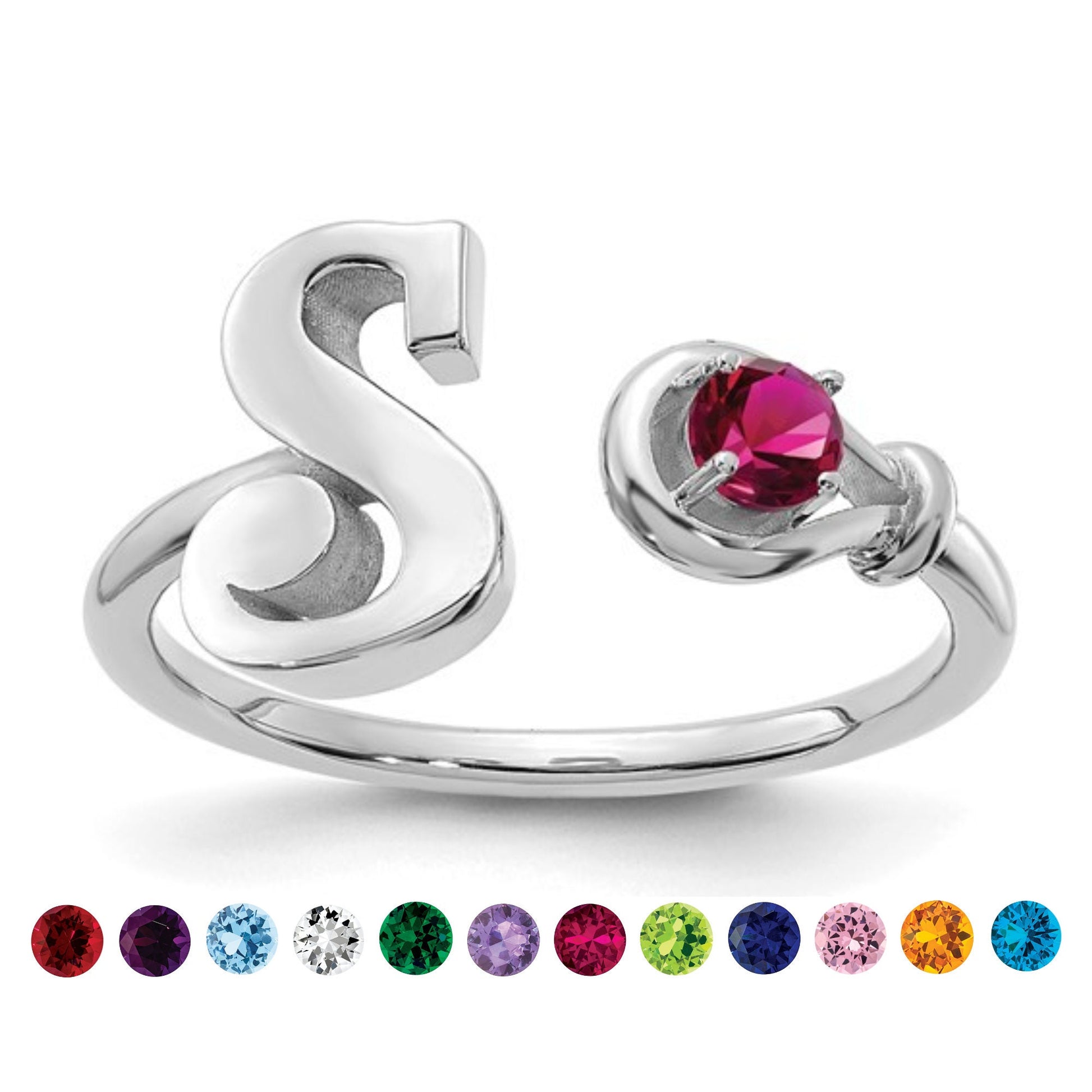 Sterling Silver Initial Letter Ring with Crystal Birthstone - Minimalist Elegant Handmade