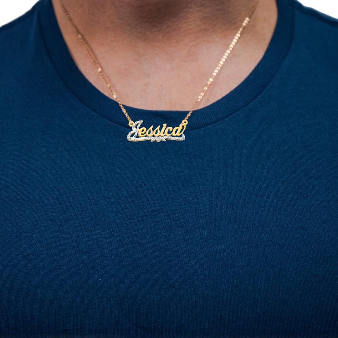 Custom Gold Name Necklace – 10K or 14K Two-Tone Gold Nameplate Pendant with Diamonds, Personalized Jewelry Gift