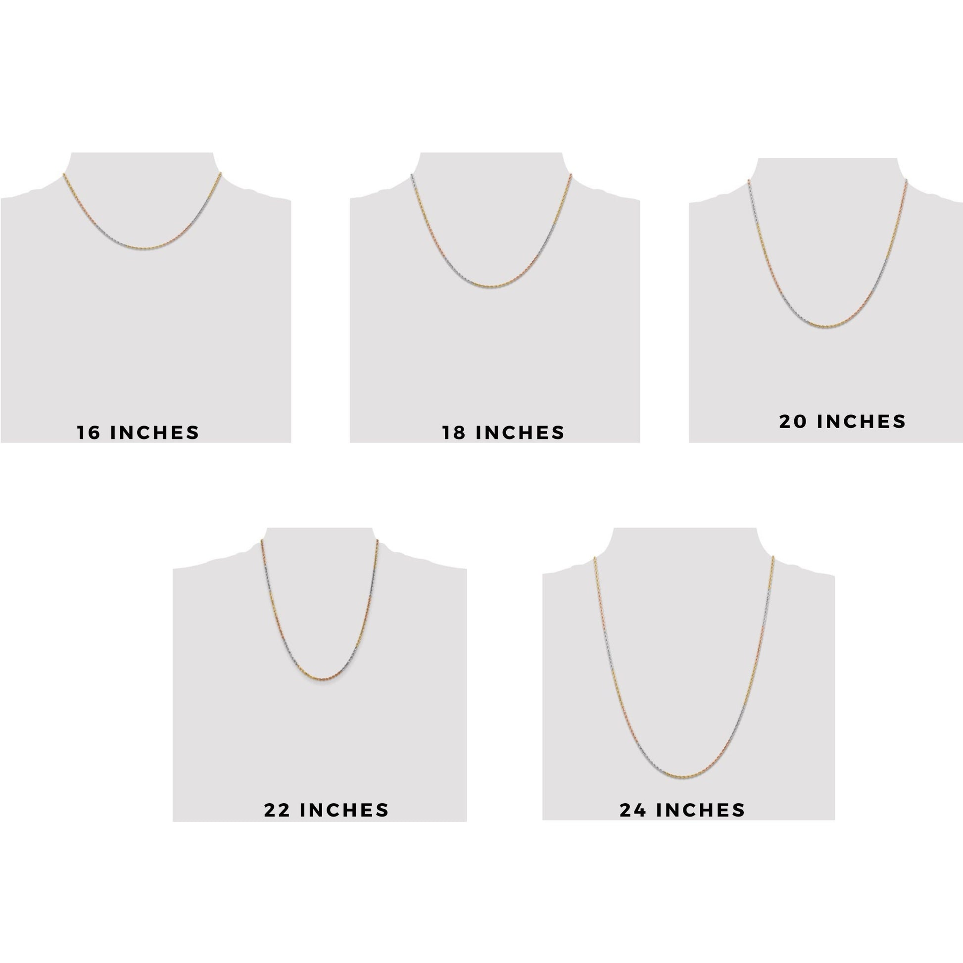 14K Tri-Color Gold Diamond-Cut Rope Chain – Yellow, White & Rose Gold – Solid Chain or Bracelet – 16"-24" Lengths – Lobster Clasp