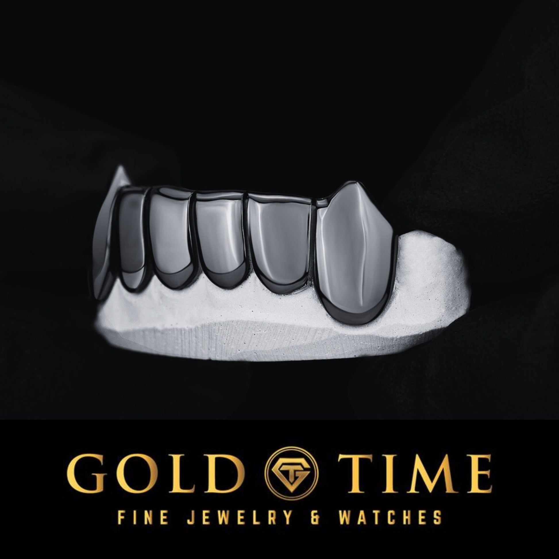 Custom Handmade Grillz – Black Rhodium Canine Fang 6-Piece Grillz - 10K, 14K, or Silver - Top or Bottom - Includes Impression Kit